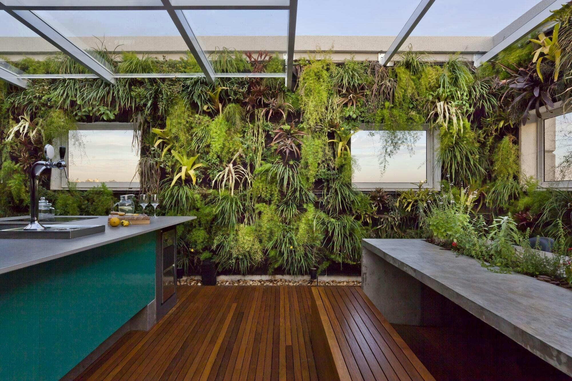 Eine moderne Küche, dessen Wände komplett mit Pflanzen zugewuchert ist. 