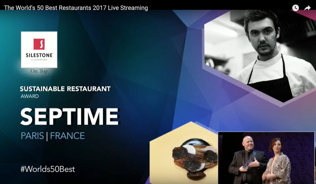 Septime wurde bei der Verleihung der „World’s 50 Best Restaurants Awards“ mit dem von Silestone® gesponserten Preis für das „Nachhaltigste Restaurant 2017“ ausgezeichnet.