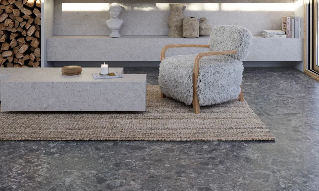 AMB01 Living Room Dekton VK01 Nebbia and GK07 Ceppo