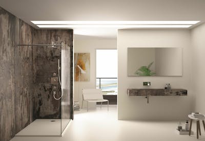 Bathroom with Silestone® Exelis Shower Tray in Blanco Zeus Extreme Dekton® Trilium Shower Cladding and Dekton® Reflection Sink also in Trilium
