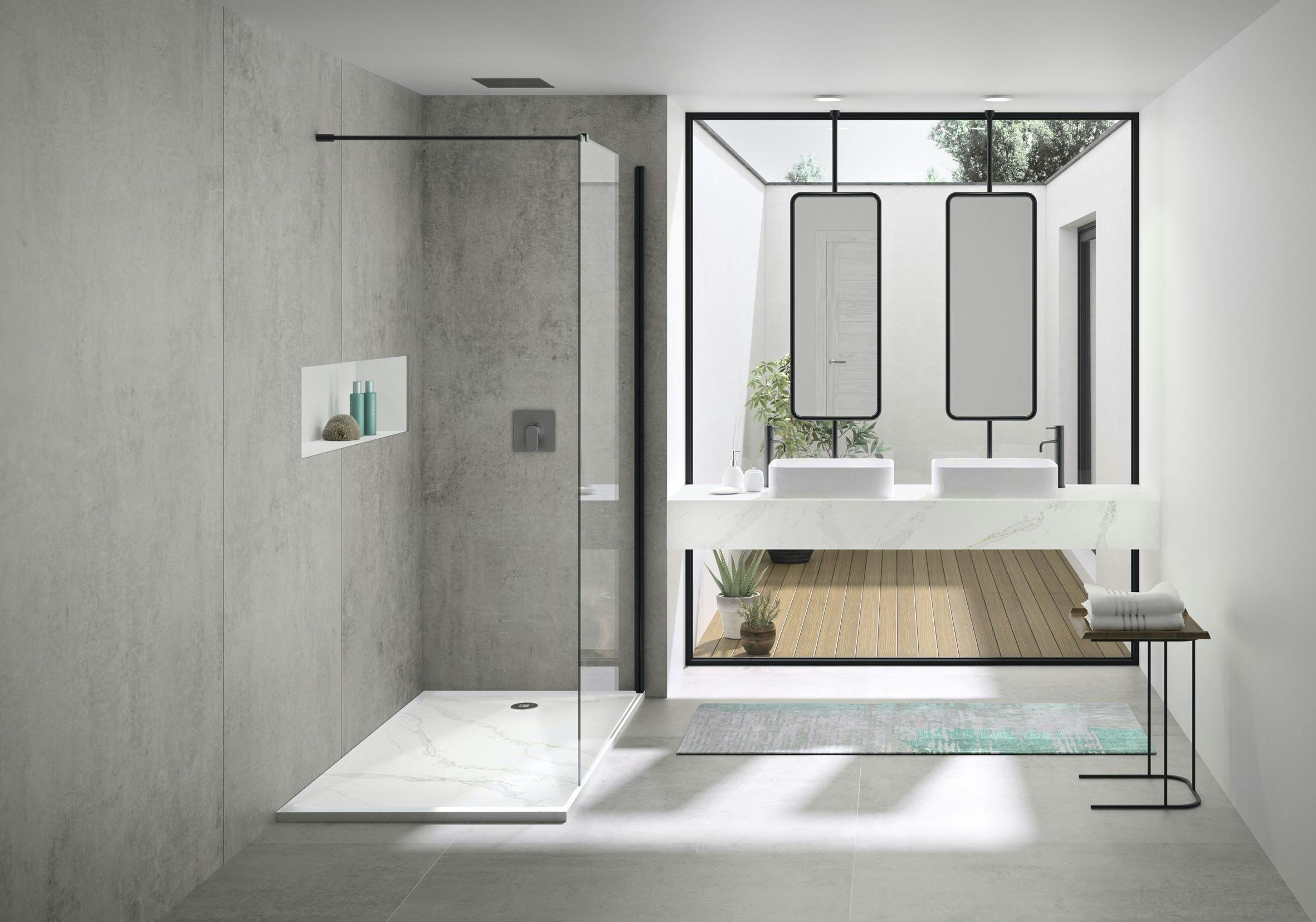 Image of Marie by Silestone Bathroom Wash Basin in Calacatta Gold with Dekton Kreta shower cladding.jpg?auto=format%2Ccompress&fit=crop&ixlib=php 3.3 in Shower wall panels: benefits, types, and materials - Cosentino