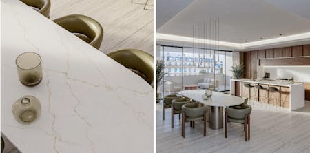 Kitchen and dining table featuring Blanc Élysèe from Le Chic Bohème by Silestone®XM collection. Image 37 of Kitchen and dining table featuring Blanc Elysee from Le Chic Boheme by Silestone%C2%AEXM collection.png?auto=format%2Ccompress&fit=crop&ixlib=php 3.3 in 5 Chic Interior Design Trends to Elevate Your Home for Raya 2025 with Cosentino - Cosentino