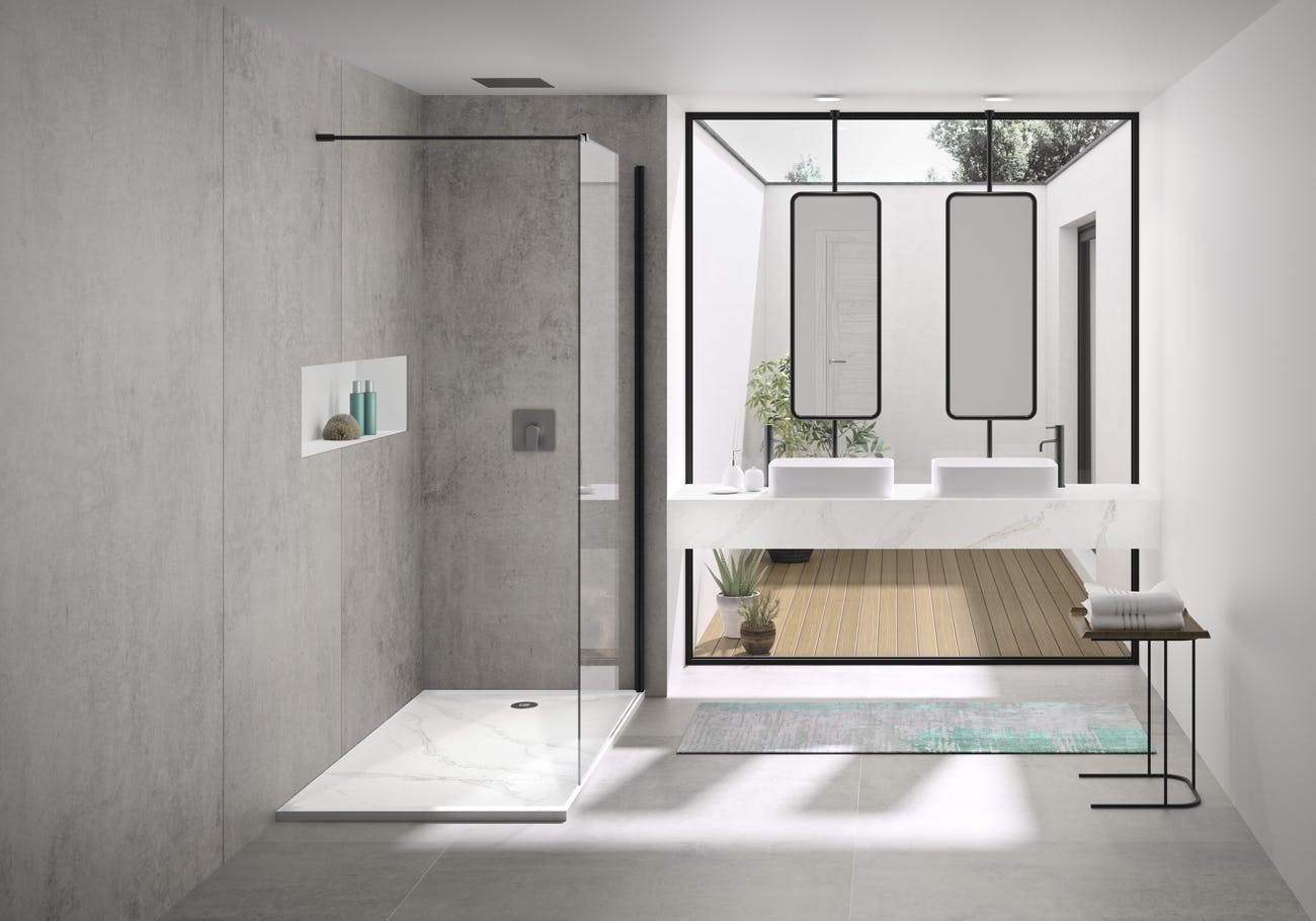 Cuarto de baño con revestimiento interior color Kreta de la Serie Industrial de Dekton