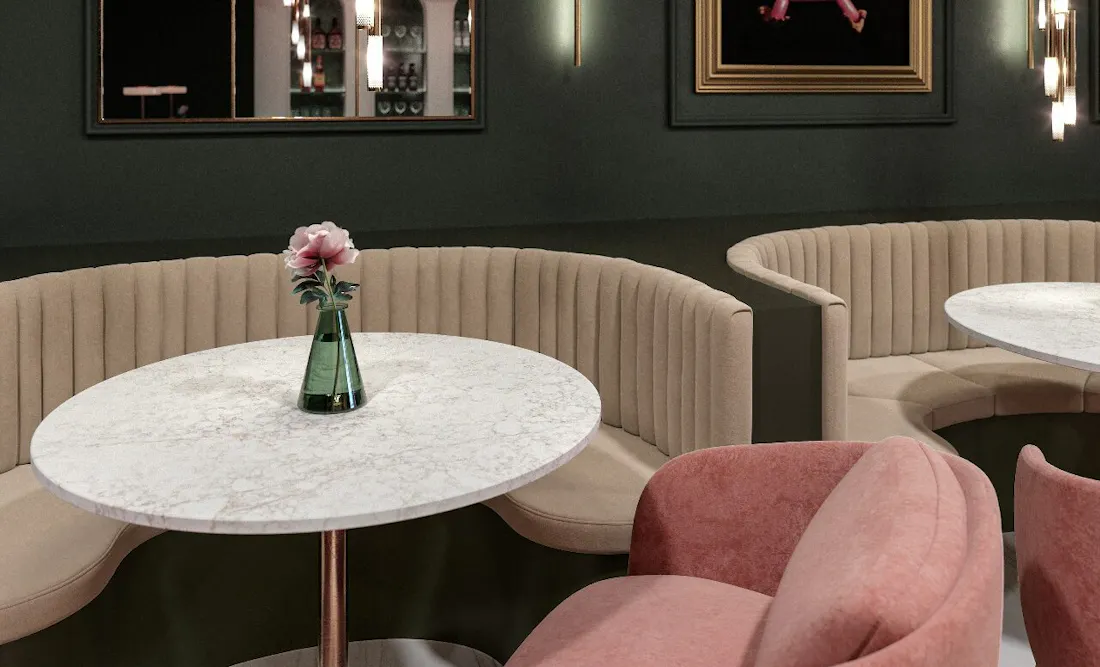 Restaurante Silestone Lechic Boheme - Riviere Rose - Detalle Mesas Image 35 of Restaurante Silestone Lechic Boheme Riviere Rose Detalle Mesas e1724236595789.jpg?auto=format%2Ccompress&fit=crop&ixlib=php 3.3 in Cómo diseñar un restaurante estilo francés: inspírate con los colores más chic de Silestone - Cosentino