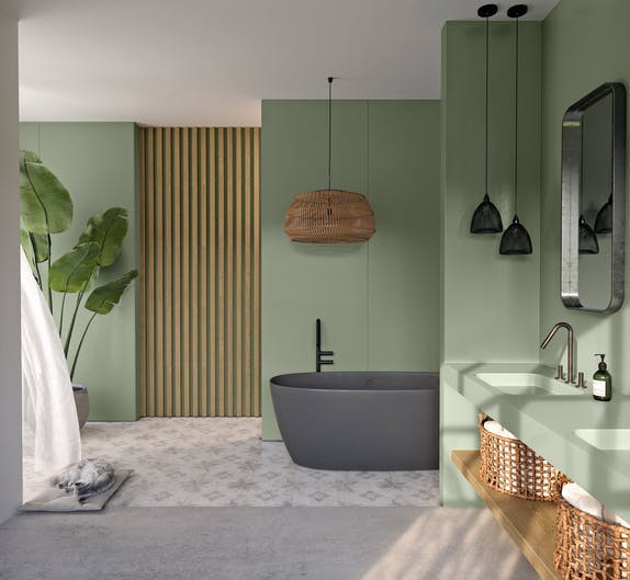 Image of Silestone Sunlit Days Posidonia Green bathroom 2 in Een zonnige toekomst met Sunlit Days, de eerste klimaatneutrale Silestone®-collectie - Cosentino