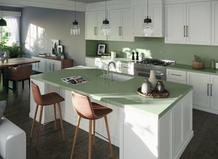 Image of Silestone Sunlit Days Posidonia Green kitchen scaled in Cosentino, een van de hoofdrolspelers tijdens Milaan Design Week 2021 - Cosentino