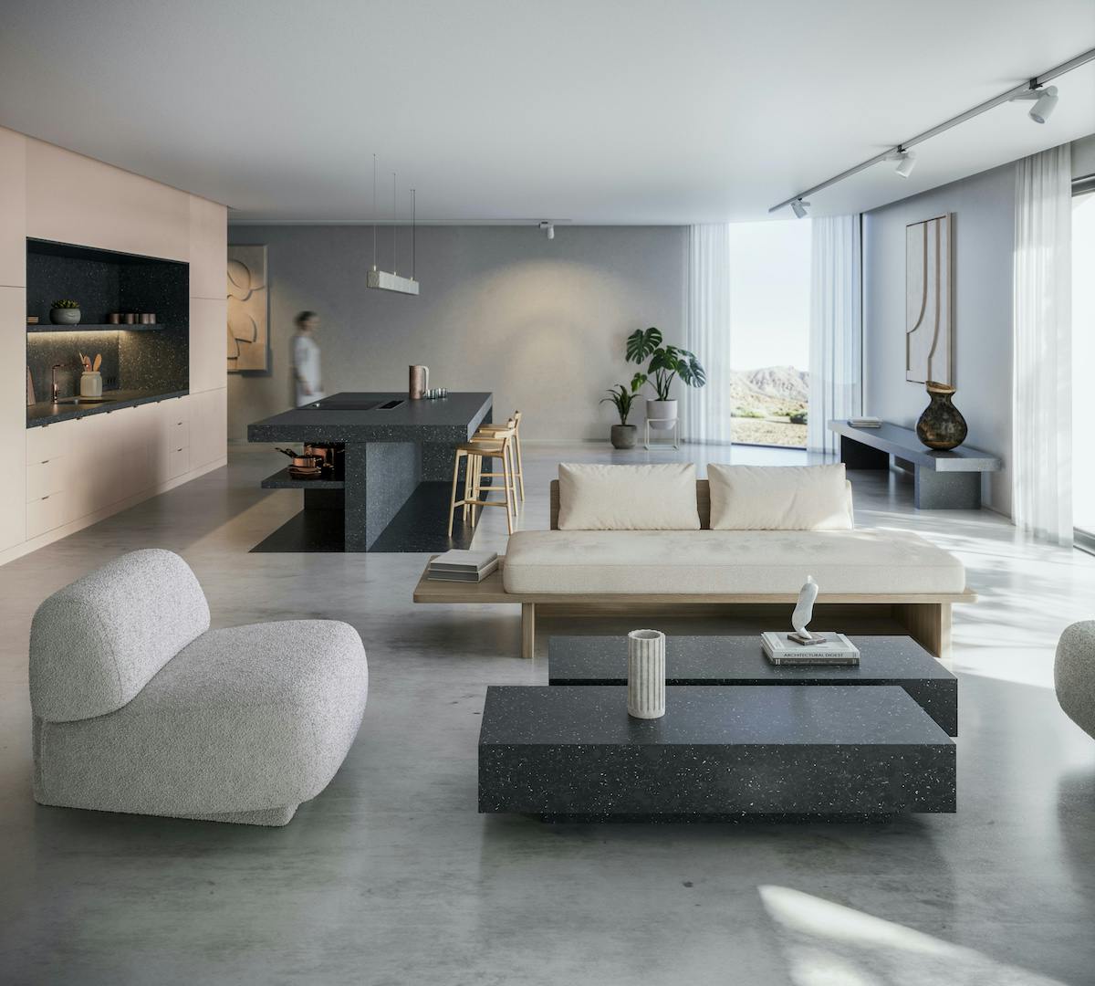 Cosentino_EARTHIC®SILESTONE®XM_FFROM01_FFROM03_Formafantasma Cocina + Living con EARTHIC FFROM01 y FFROM03