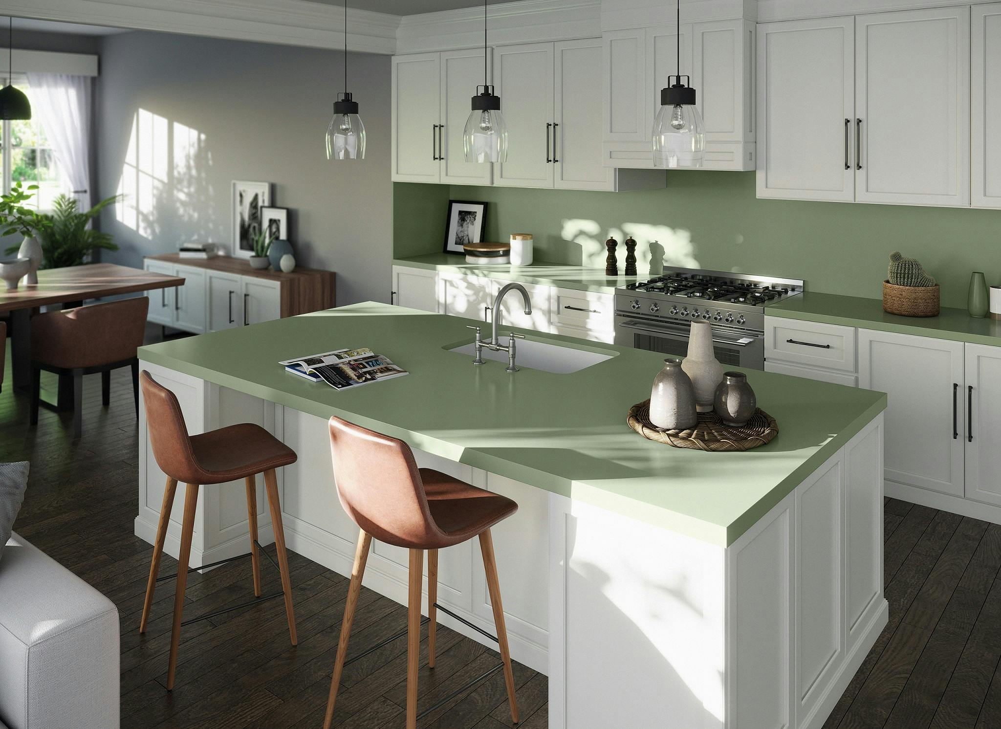 Image of Silestone Sunlit Days Posidonia Green kitchen.jpg?auto=format%2Ccompress&ixlib=php 3.3 in Silestone Sunlit Days, bahar çoşkusunu evlere taşıyor - Cosentino