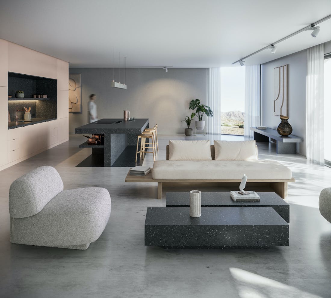 Cosentino_EARTHIC®SILESTONE®XM_FFROM01_FFROM03_Formafantasma Cocina + Living con EARTHIC FFROM01 y FFROM03