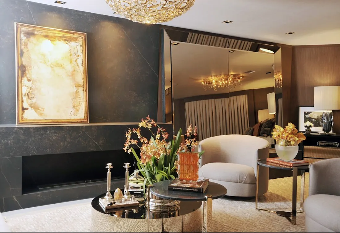 Fireplace cladding by Dekton, Kelya colour. © Architect: Luciana Almeida Image 42 of 3 3.jpg?auto=format%2Ccompress&fit=crop&ixlib=php 3.3 in Achieve a Grandmillennial style in your living room - Cosentino