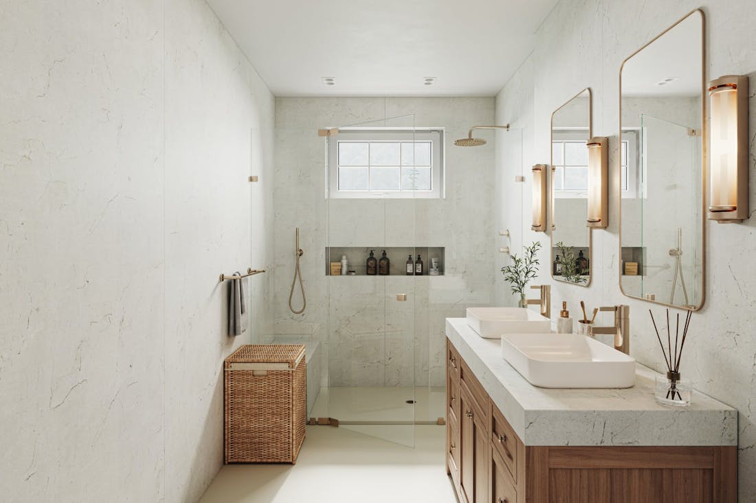 Image 38 of Laguna Bathroom v4 2.jpg?auto=format%2Ccompress&fit=crop&ixlib=php 3.3 in The marble-look white colour trend is back with a bang in 2023 - Cosentino