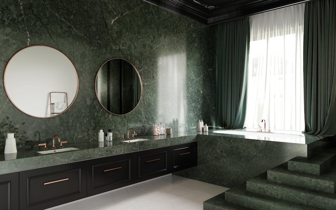 Silestone XM - Bathroom USA - Le Chic Boheme - Jardin Emerald Image 44 of Silestone XM Bathroom USA Le Chic Boheme Jardin Emerald.jpg?auto=format%2Ccompress&fit=crop&ixlib=php 3.3 in Cosentino merges Parisian sophistication and bohemian flair in Le Chic Bohème by Silestone®XM - Cosentino